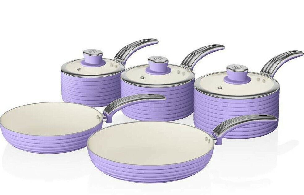Swan Retro 5 Piece Pan Set Purple. Vintage Kitchen Cookware. 2 Year Guarantee