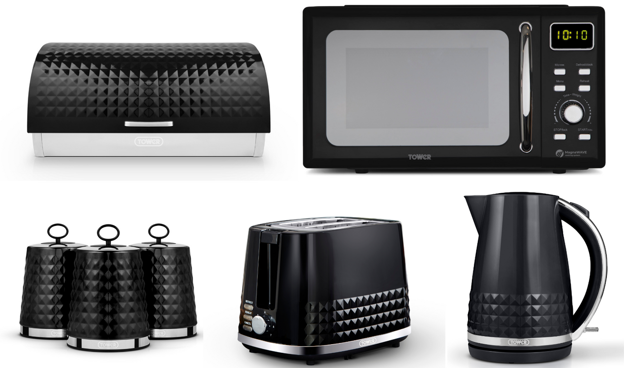 Tower Solitaire 3K 1.5L Kettle, 2 Slice Toaster, 800W 20L Digital Microwave, Bread Bin & Canisters Matching Set of 7 in Black with Chrome Accents