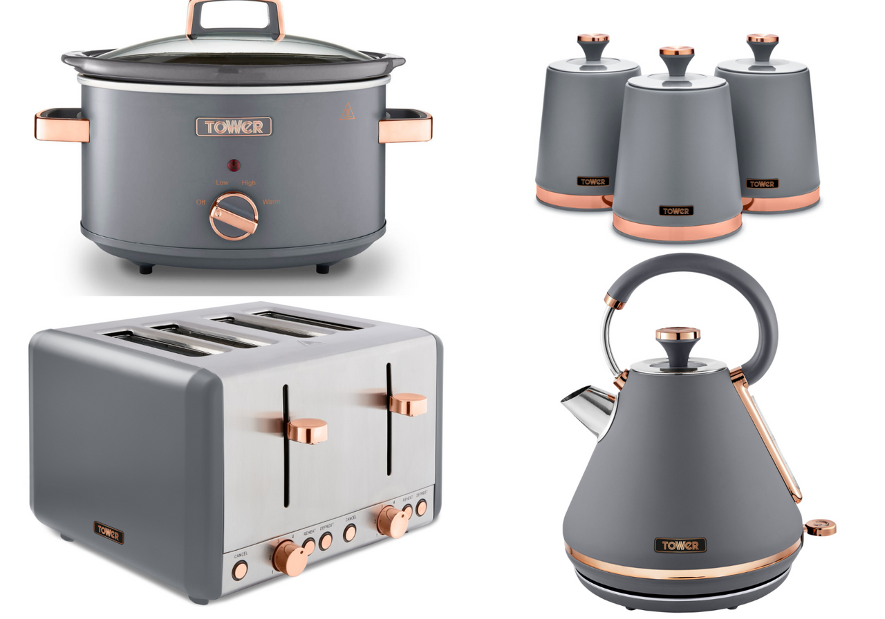 Tower Cavaletto Grey Kettle, 4 Slice Toaster, Slow Cooker & Canisters Set of 6