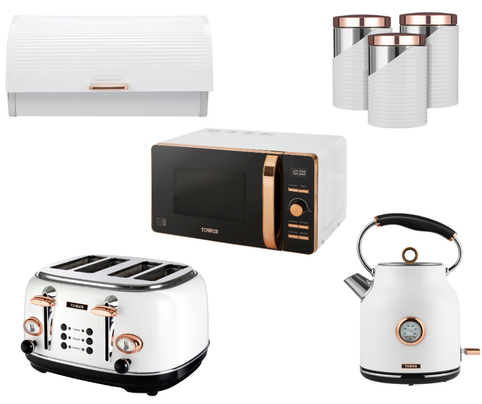NEW Rose Gold & White Kettle, 4 Slice Toaster, Microwave, Bread Bin & Canisters