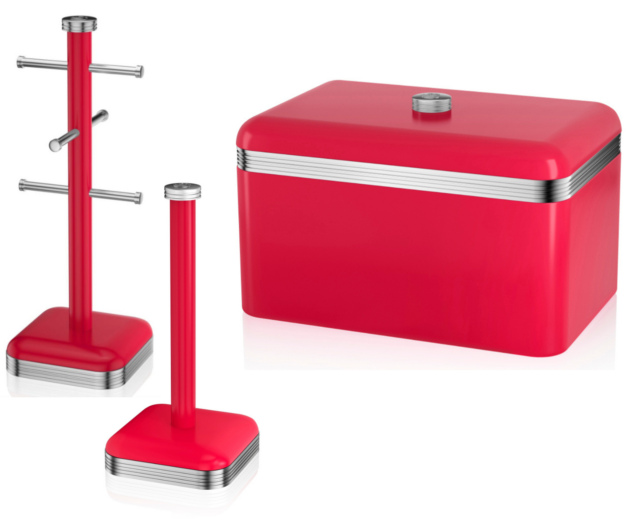 SWAN Retro Red Bread Bin Mug Tree & Towel Pole Matching Kitchen Storage Set