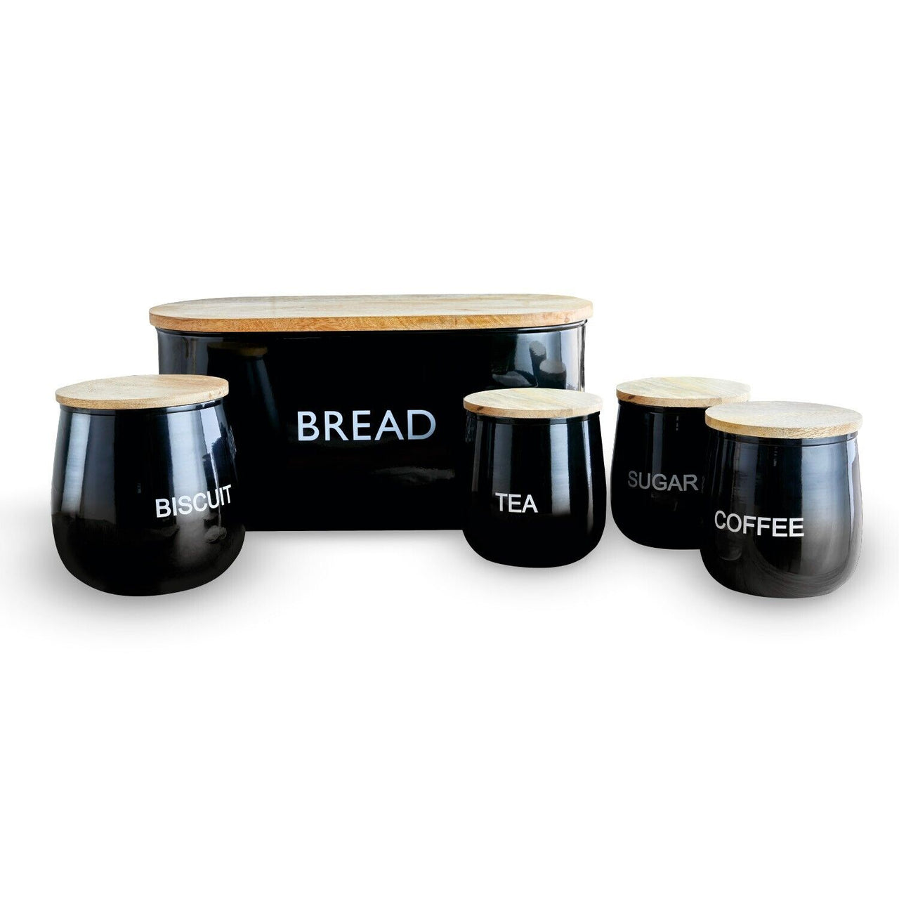 Tower 5 Piece Black Storage Set inc Bread Bin Canisters & Biscuit Tin T826212BLK