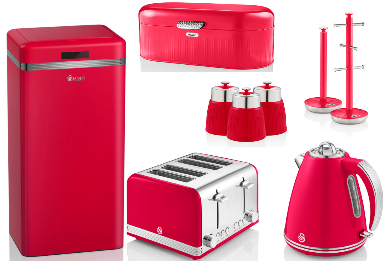 Swan Retro Red Kitchen Set of 9 Kettle 4 Slice Toaster Sensor Bin & Storage Set