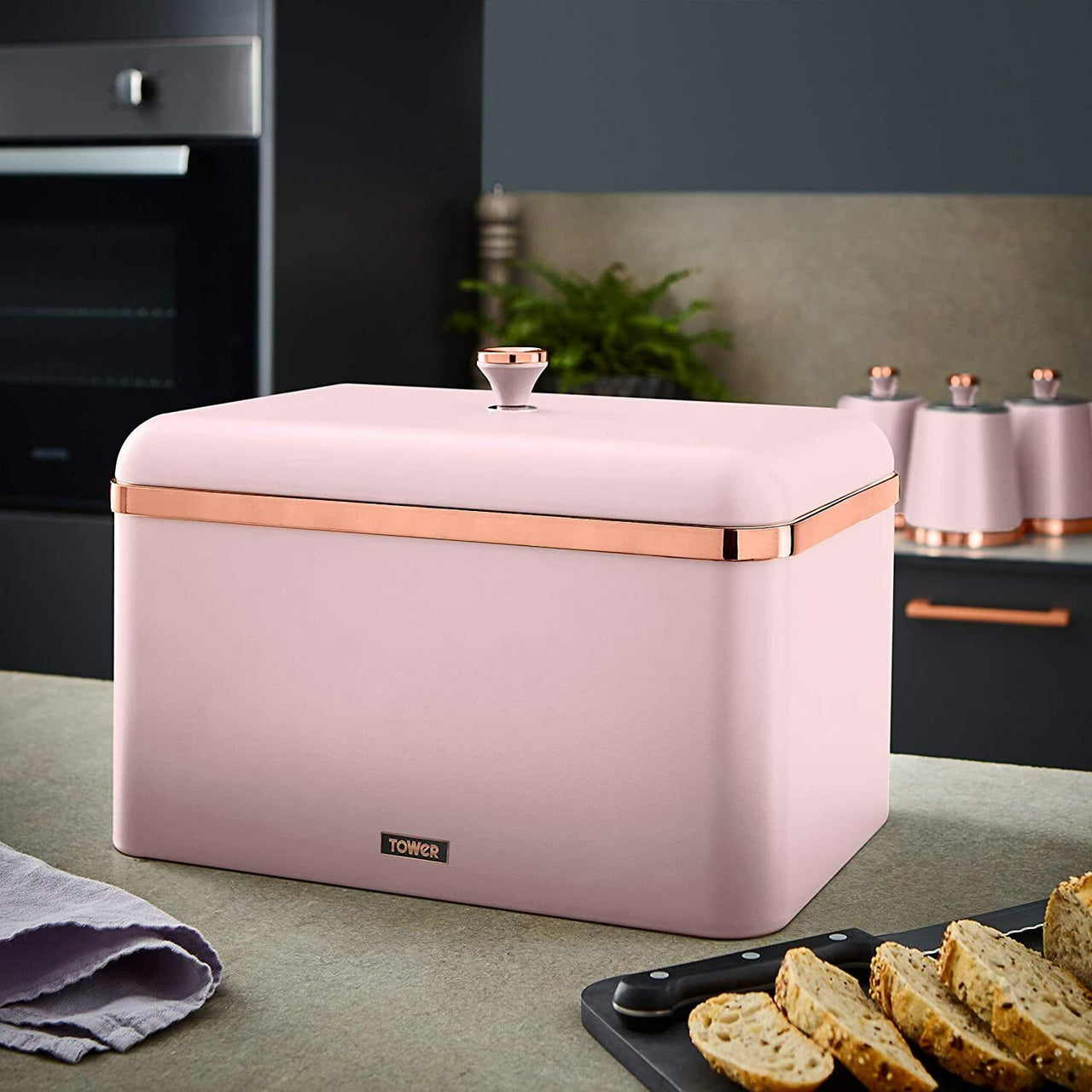 Tower Cavaletto Bread Bin, Mug Tree, Towel Pole Kitchen Set Pink & Rose Gold