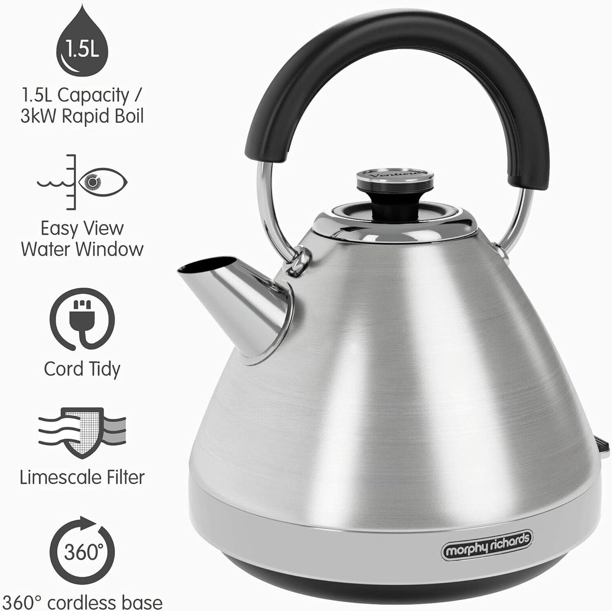 Pyramidal Kettle Morphy Richards Venture Brushed Steel Silver Pyramid Kettle 100130