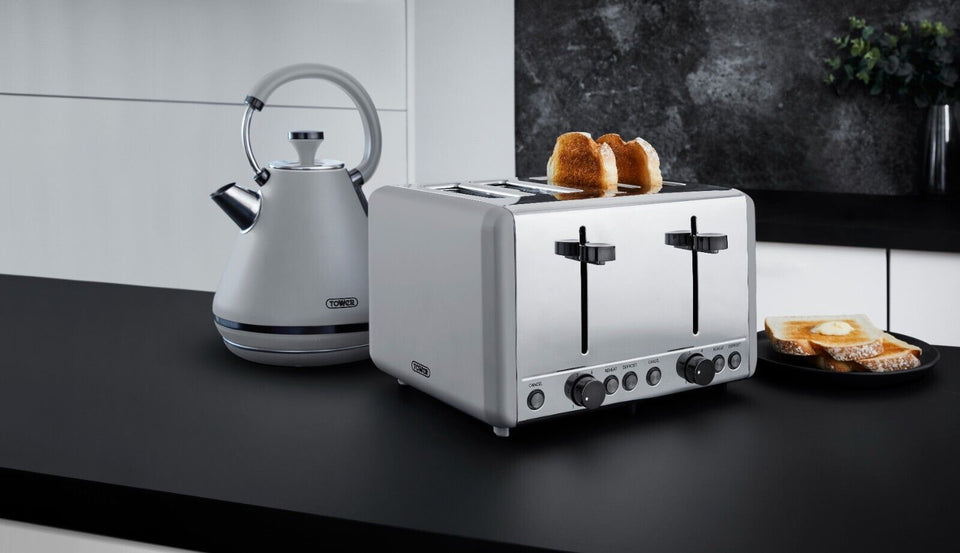 Tower Sera Pyramid Kettle & 4 Slice Toaster in Grey with Black Trim
