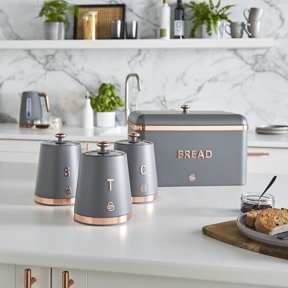 SWAN Carlton Bread Bin Canisters Matching Kitchen Storage Set in Grey & Rose Gold
