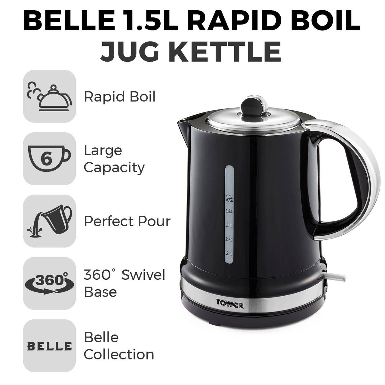 Tower Belle Kettle, 2 Slice Toaster, Canisters, Mug Tree & Towel Pole Set in Noir Black