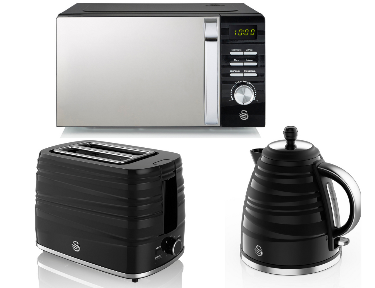 Swan Symphony Black Kettle 2 Slice Toaster & 700W Microwave Matching Kitchen Set