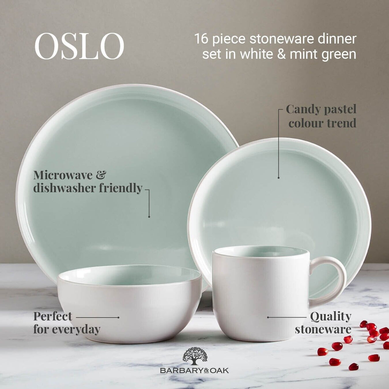 Barbary & Oak Oslo 16 Piece Scandinavian Design Dinnerware Set in Mint Green & White