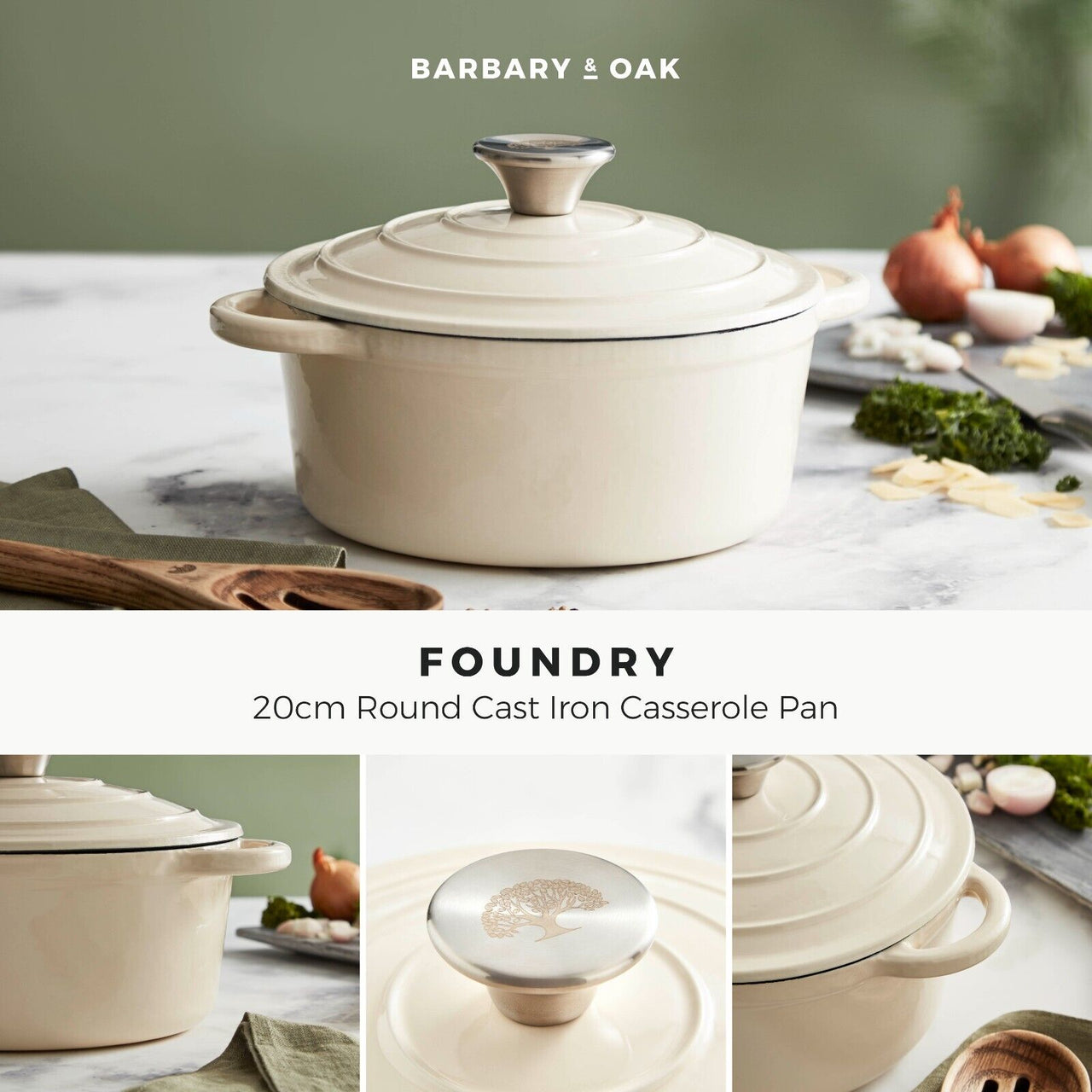 Barbary & Oak Foundry 20cm Round Casserole Pan Cast Iron in Camembert Cream