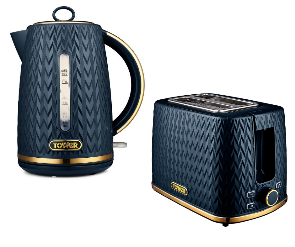 Tower Empire 1.7L 3KW Jug Kettle & 2 Slice Toaster Midnight Blue & Brass Accents