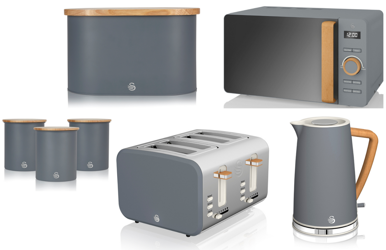 Swan Nordic Grey 1.7L Kettle, 4 Slice Toaster. 800W 20L Microwave, Bread Bin & Canisters Matching Set of 7