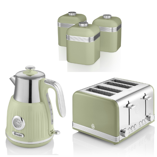 SWAN Retro Jug Temperature Gauge Kettle 4 Slice Toaster & Canisters Green/Chrome
