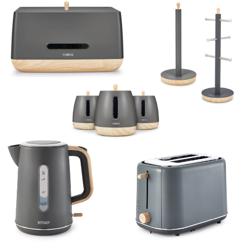 Scandi Kettle Toaster Breadbin Canisters Mug Tree Towel Pole Grey Matching Set