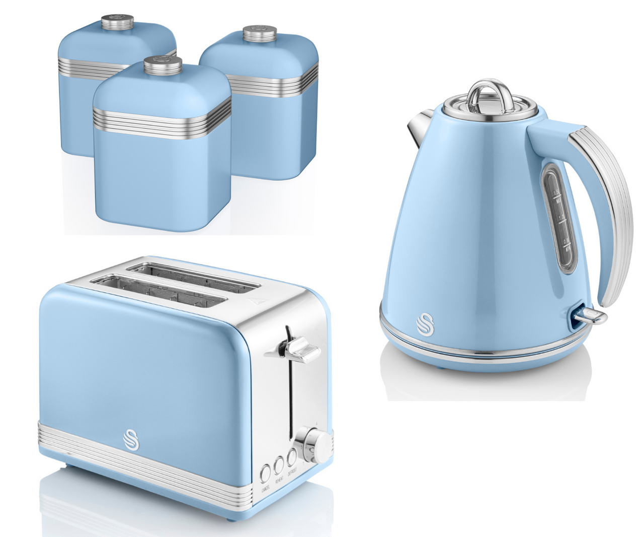 SWAN Retro Blue 1.5L 3KW Jug Kettle, 2 Slice Toaster & Canisters SWKA1020BLN Kitchen Set of 5