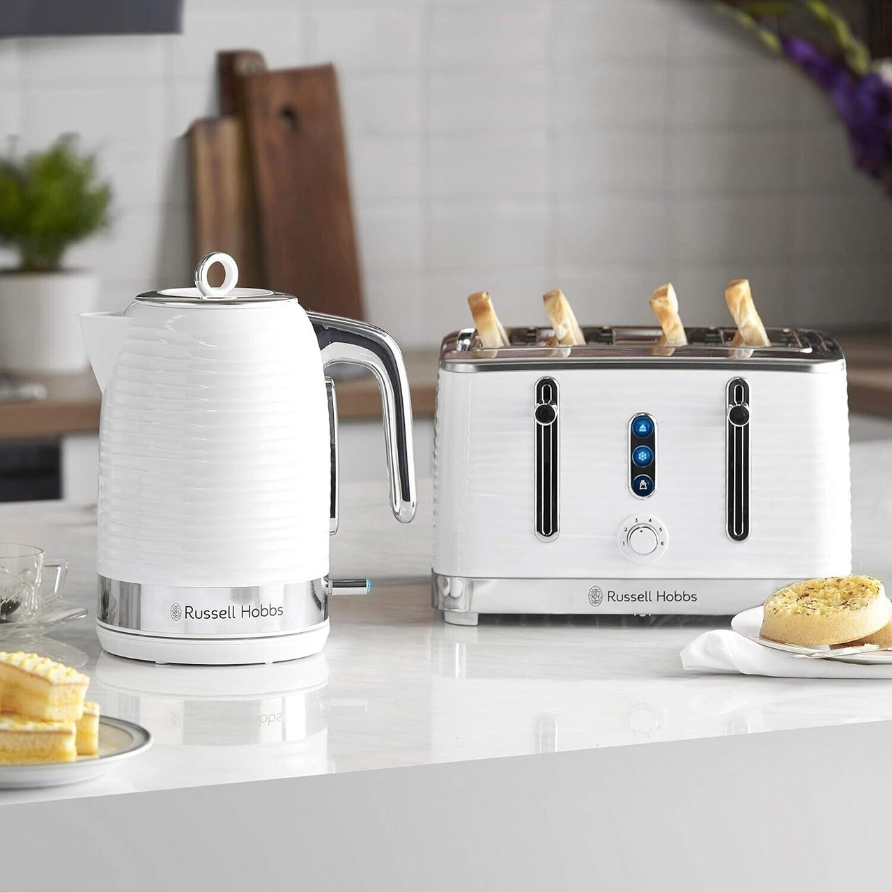 Russell Hobbs Inspire 1.7L Jug Kettle & 4 Slice Toaster Matching Set in White