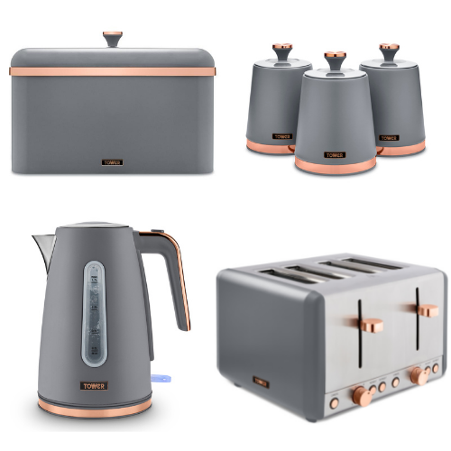 TOWER Cavaletto Jug Kettle, 4 Slice Toaster, Bread Bin & Canisters Set in Grey & Rose Gold