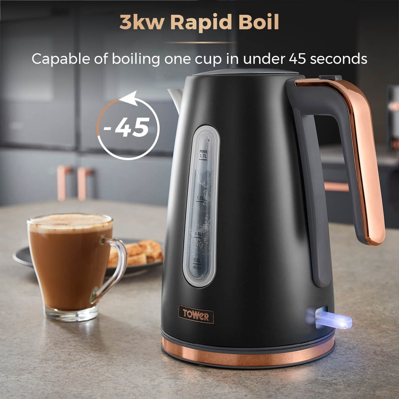 Tower Cavaletto Black/Rose Gold Jug Kettle 2 Slice Toaster Microwave Kitchen Set