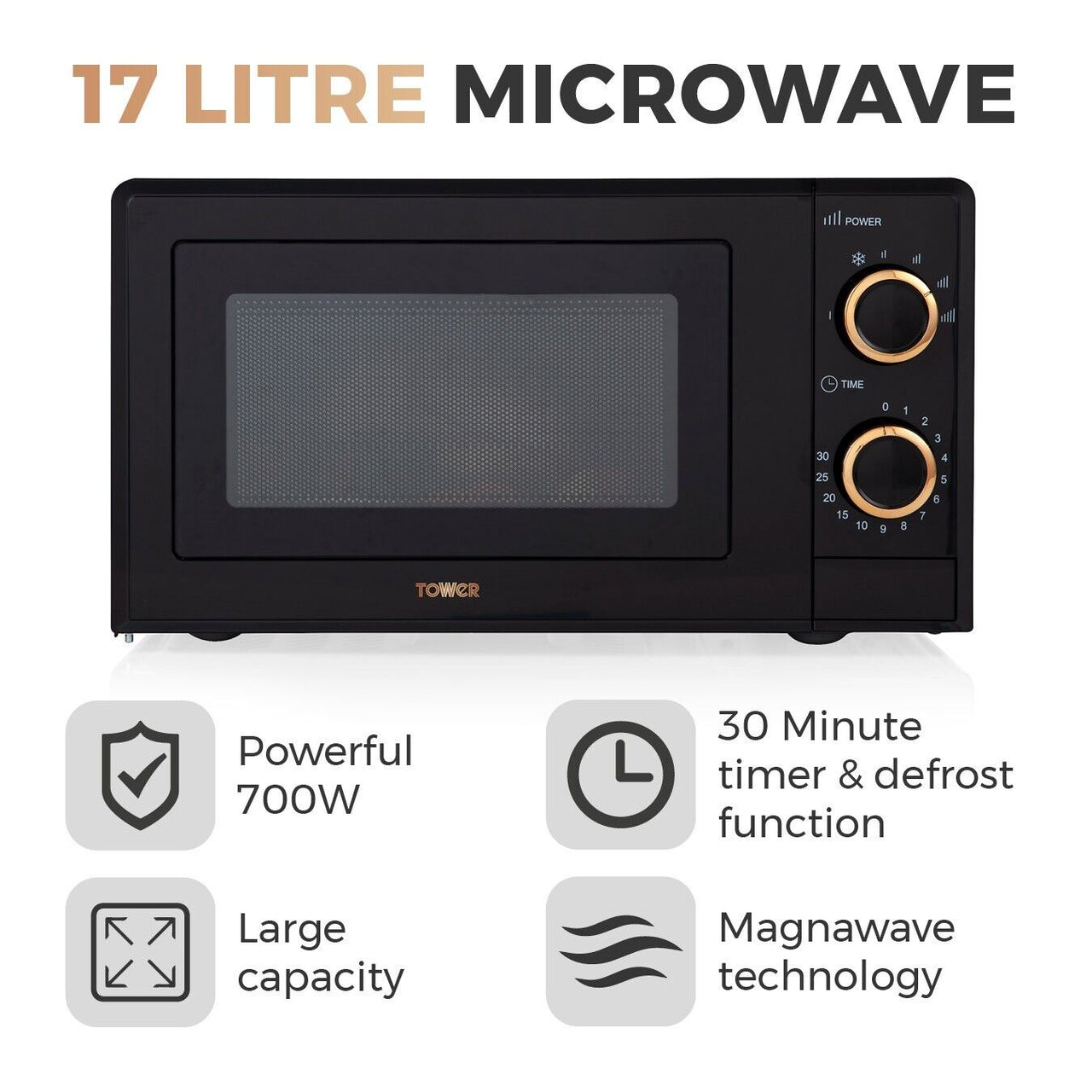 Tower T24029RG Manual Microwave 17L 700w Black & Rose Gold - 3 Year Guarantee