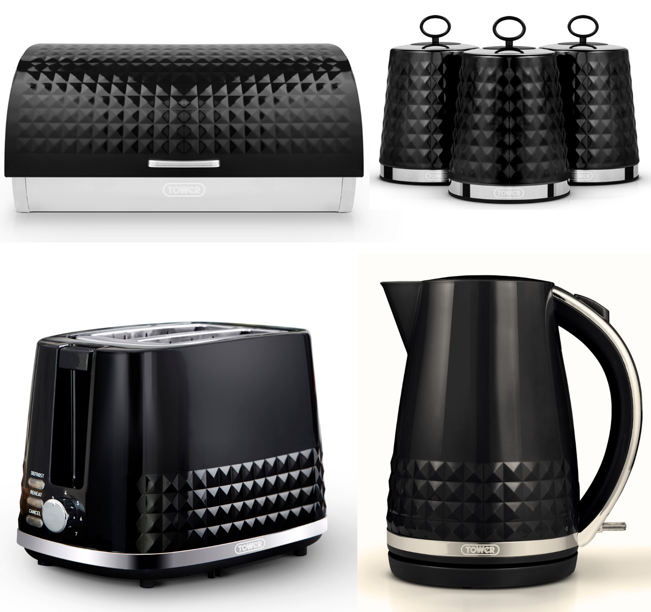 Tower Solitaire Jug Kettle, 2 Slice Toaster, Bread Bin & Canisters Set of 6 in Black & Chrome