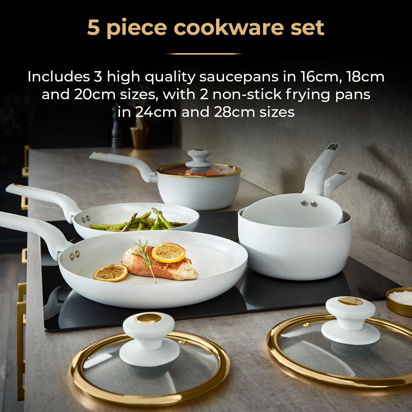 Tower Cavaletto 5 Piece Pan Set White & Gold Cookware Set T800232WHT