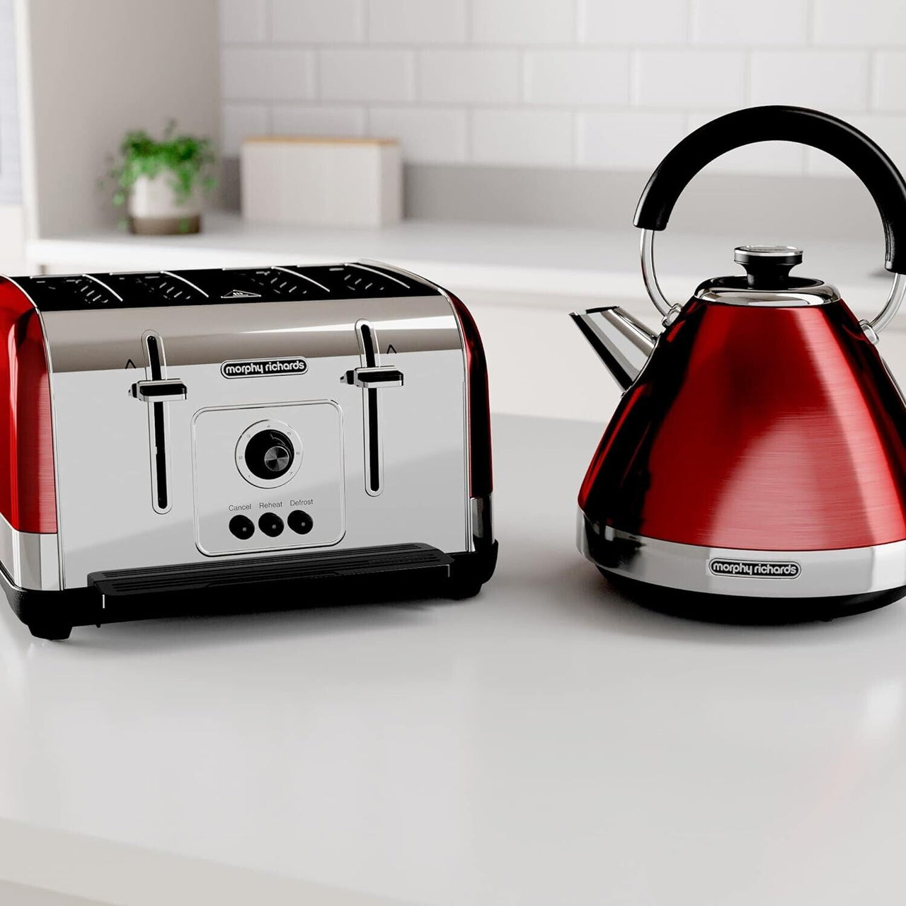 Morphy Richards Venture Red Pyramid Kettle & 4 Slice Toaster Matching Set