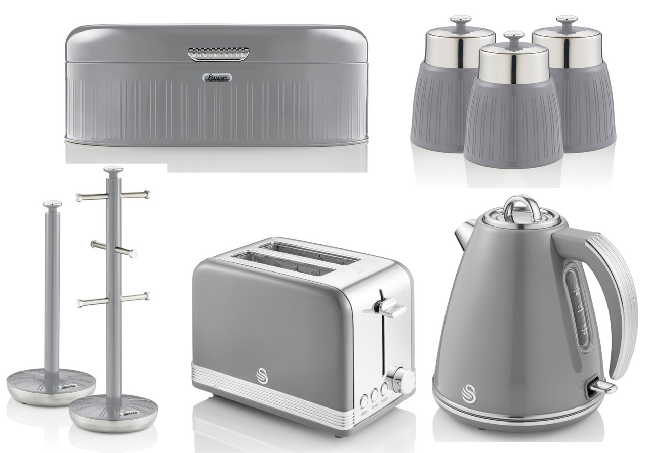 SWAN Retro Grey Kettle 2 Slice Toaster Bread Bin Canisters Mug Tree & Towel Pole