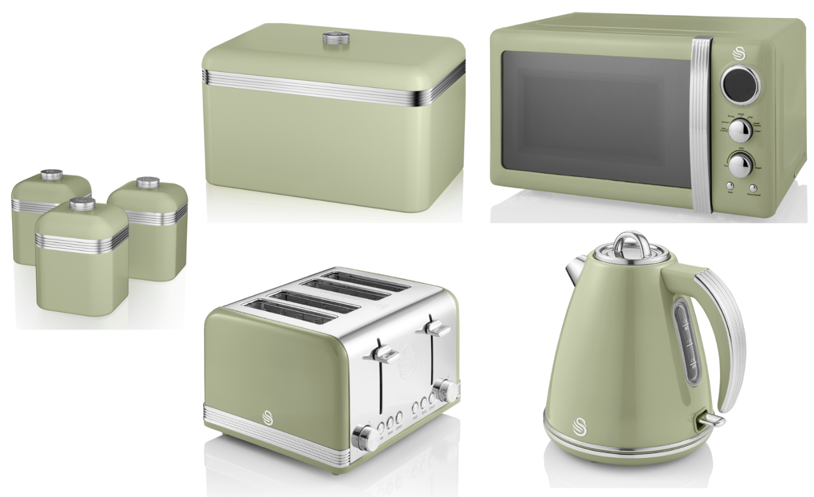 SWAN Retro Green Jug Kettle 4 Slice Toaster Microwave Bread Bin & Cani
