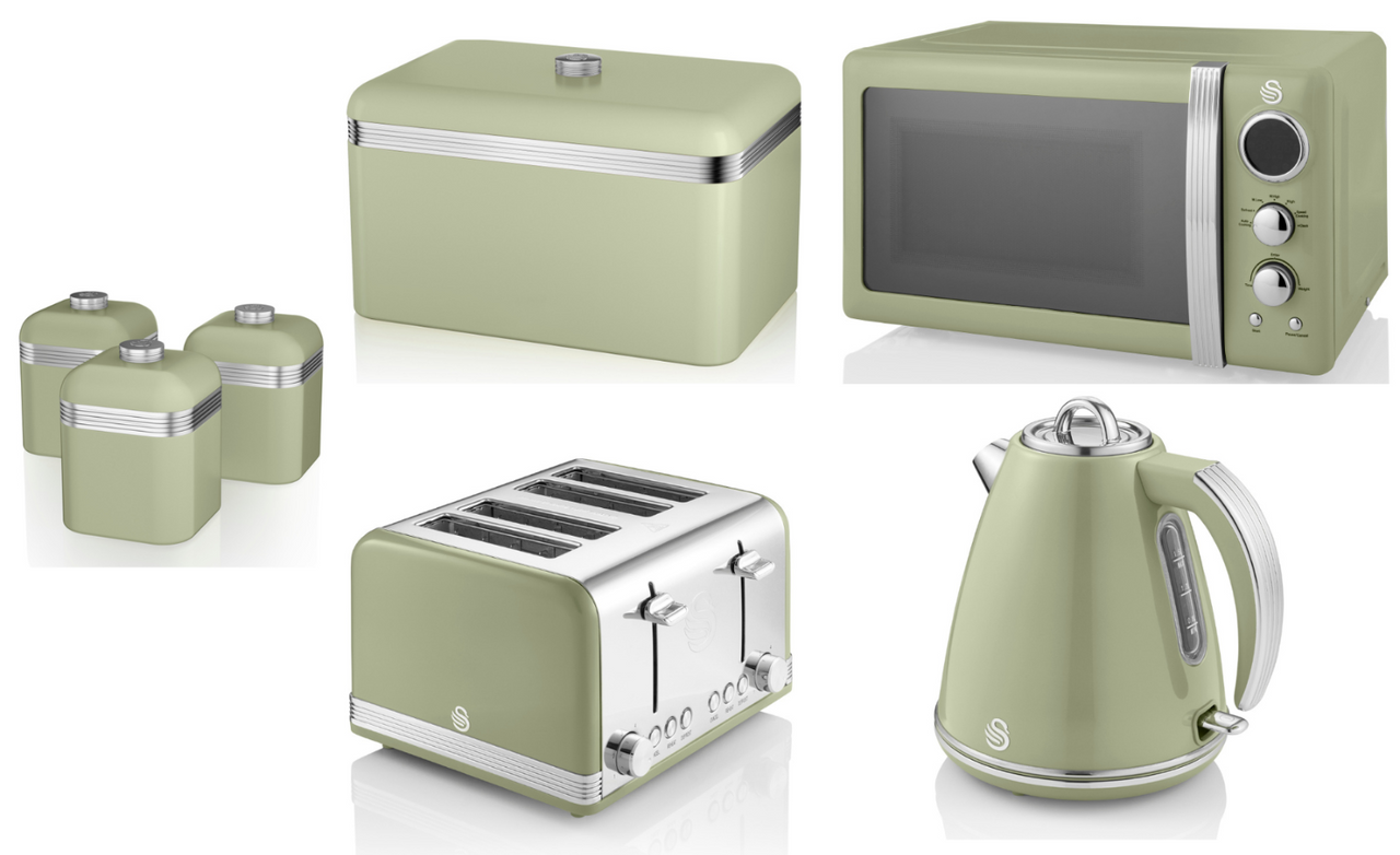 SWAN Retro Green Jug Kettle 4 Slice Toaster Microwave Bread Bin & Canisters Set