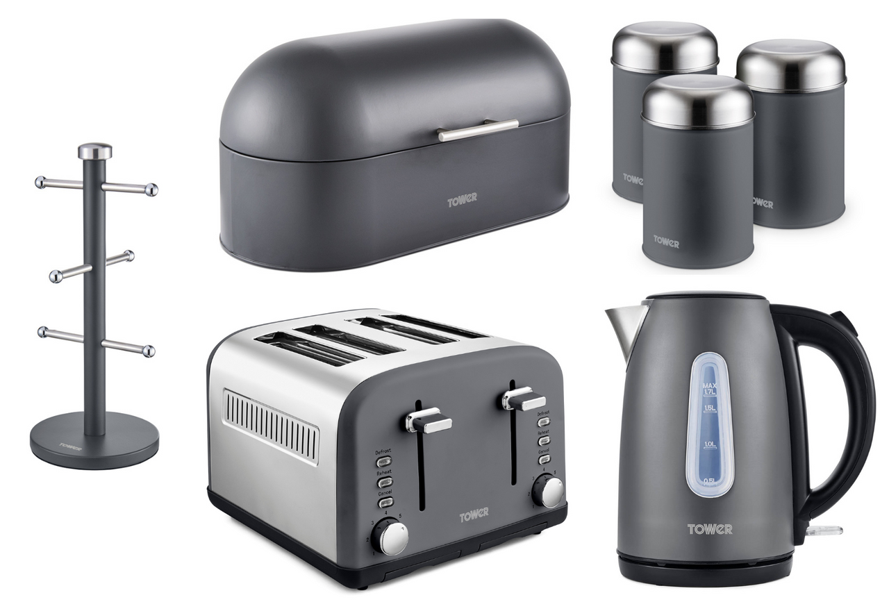 Tower Infinity Kettle 4 Slice Toaster Bread Bin 3 Canisters & Mug Tree Grey Set