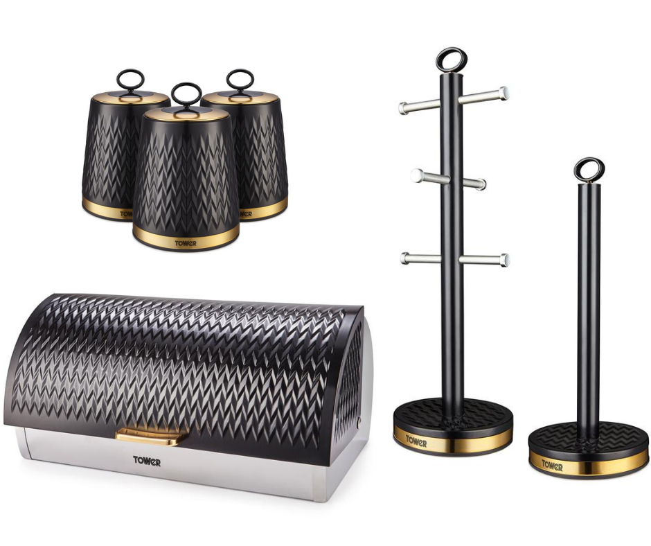 Tower Empire Bread Bin Canisters Mug Tree & Towel Pole Set Black with Brass