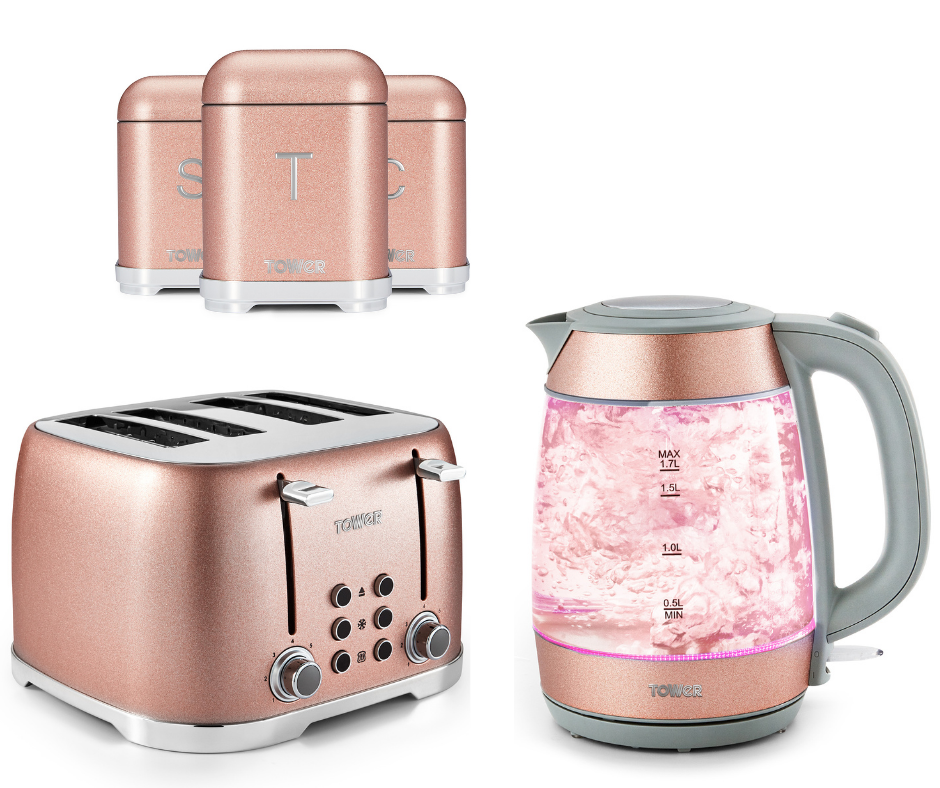 Tower Glitz Blush Pink Schott Glass Kettle, 4 Slice Toaster & Canisters Set of 3