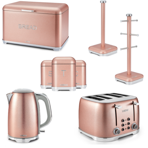 Tower Glitz Pink Kettle 4 Slice Toaster Canisters Bread Bin Mug Tree Towel Pole Set