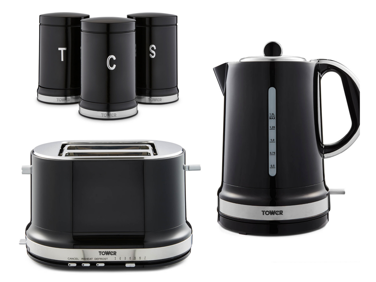 Tower Belle Kettle, 2 Slice Toaster & Tea Coffee Sugar Canisters Set in Noir Black