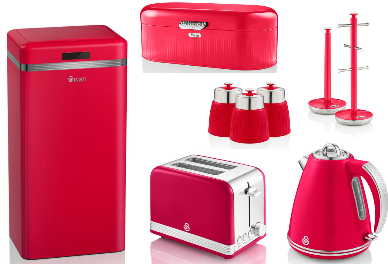Swan Retro Red Kitchen Set of 9 Kettle 2 Slice Toaster Sensor Bin & Storage Set