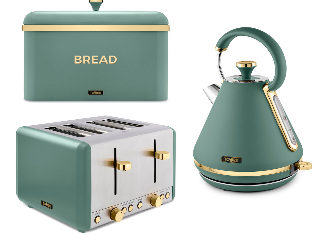 Tower Cavaletto Kettle 4 Slice Toaster & Bread Bin in Jade & Champagne Gold