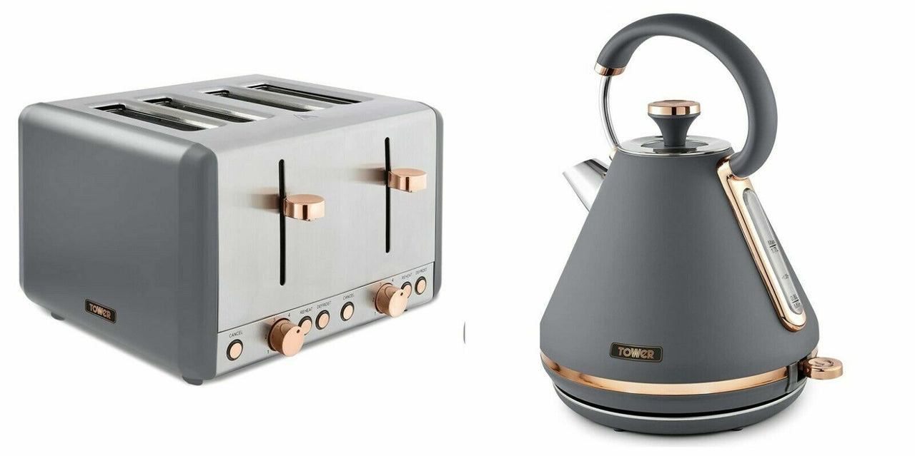 Tower Cavaletto 1.7L Pyramid Kettle & 4 Slice Toaster Grey & Rose Gold