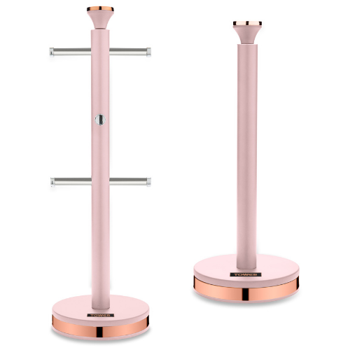 Tower Cavaletto Mug Tree & Kitchen Roll Holder Matching Set in Pink & Rose Gold