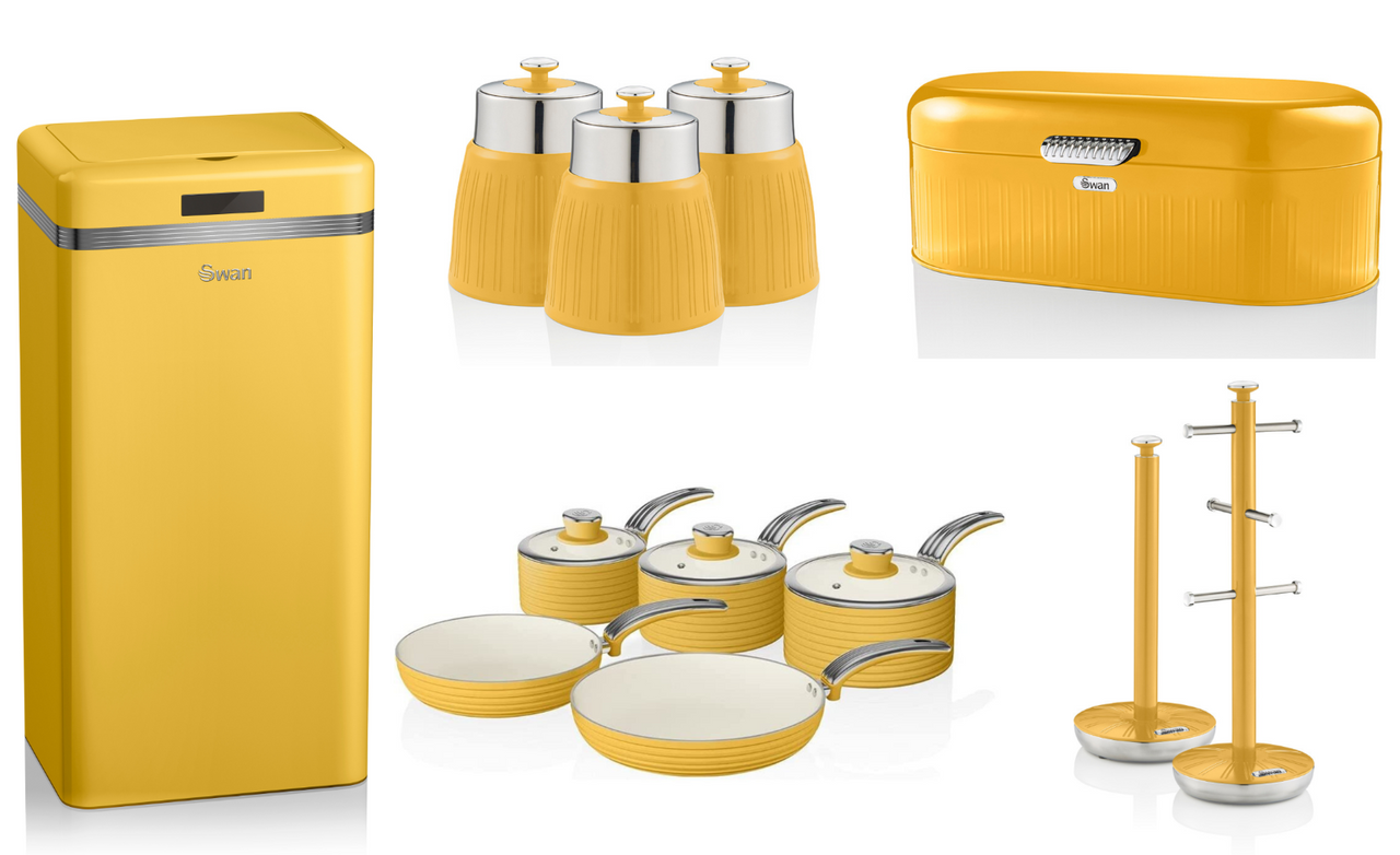 SWAN Retro Yellow Kitchen Set of 12 Sensor Bin 5 Piece Pan Set & Kitchen Storage