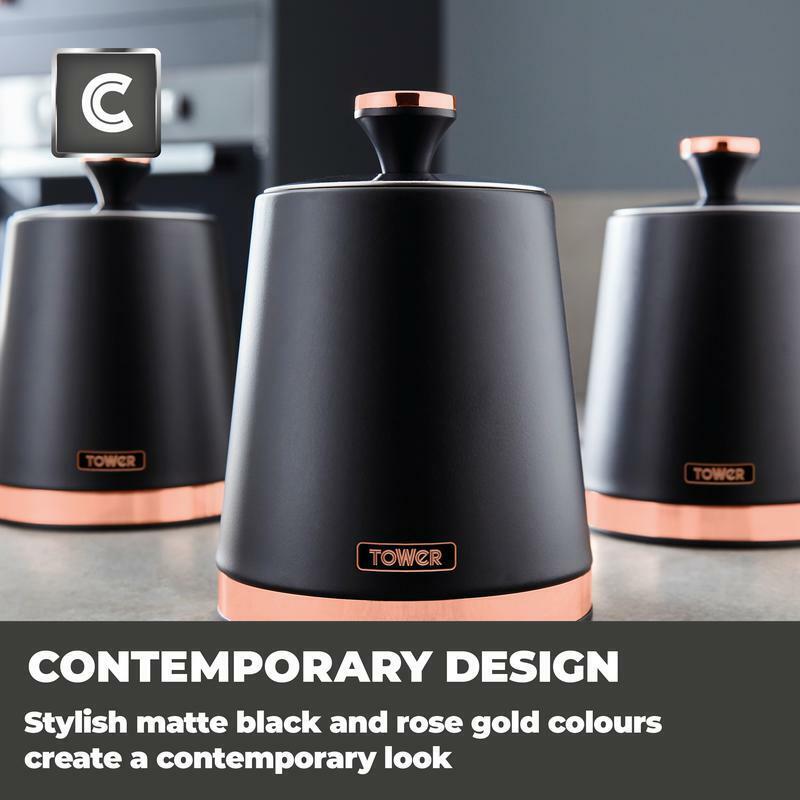 Tower Cavaletto Bread Bin, Canisters, Mug Tree & Towel Pole Kitchen Storage Set in Black & Rose Gold