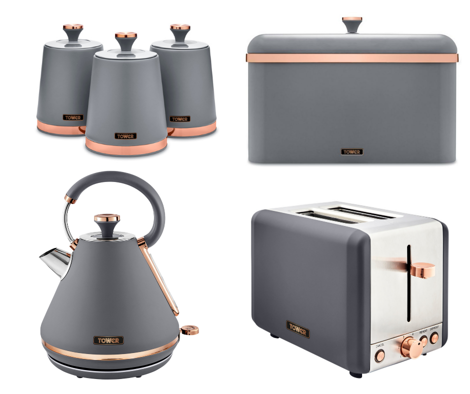 Tower Cavaletto Pyramid Kettle, Toaster, Bread Bin & Canisters Matching Set in Grey & Rose Gold