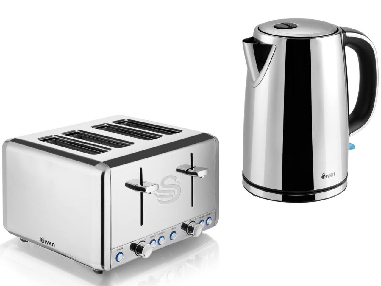 Swan Classics Silver 1.7L Jug Kettle & 4 Slice Toaster Set in Polished Stainless Steel