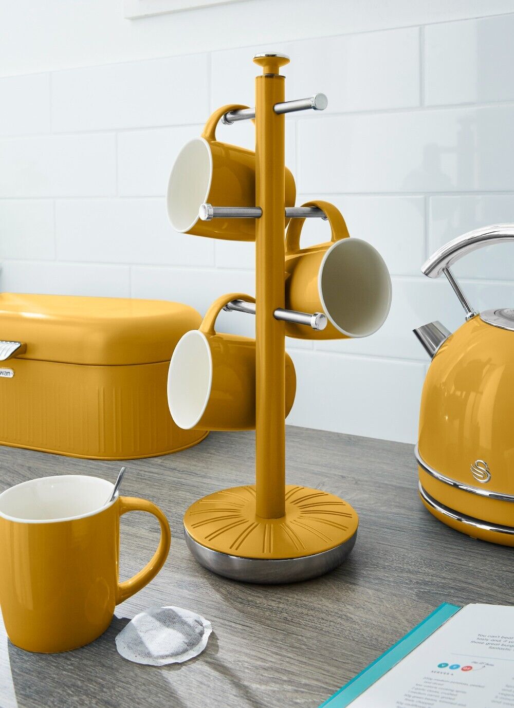 Swan Retro Yellow Mug Tree & Towel Pole Matching Kitchen Storage Set