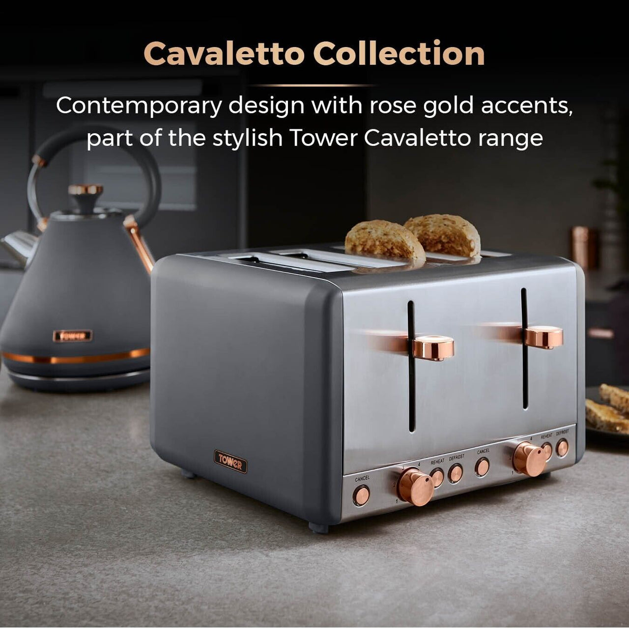 Tower Cavaletto Grey Kettle 4 Slice Toaster Air Fryer Bread Bin & Canisters Set
