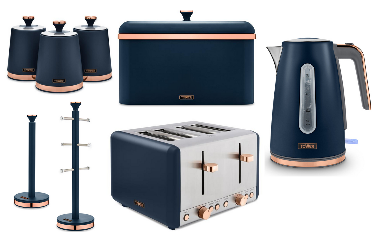 Tower Cavaletto Contemporary Kitchen Set of 8 Items in Midnight Blue & Rose Gold