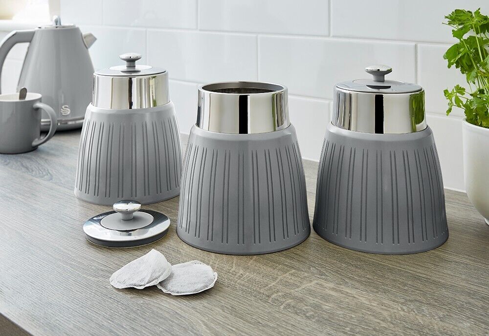 SWAN Retro Grey Bread Bin & Tea Coffee Sugar Canisters Storage Set
