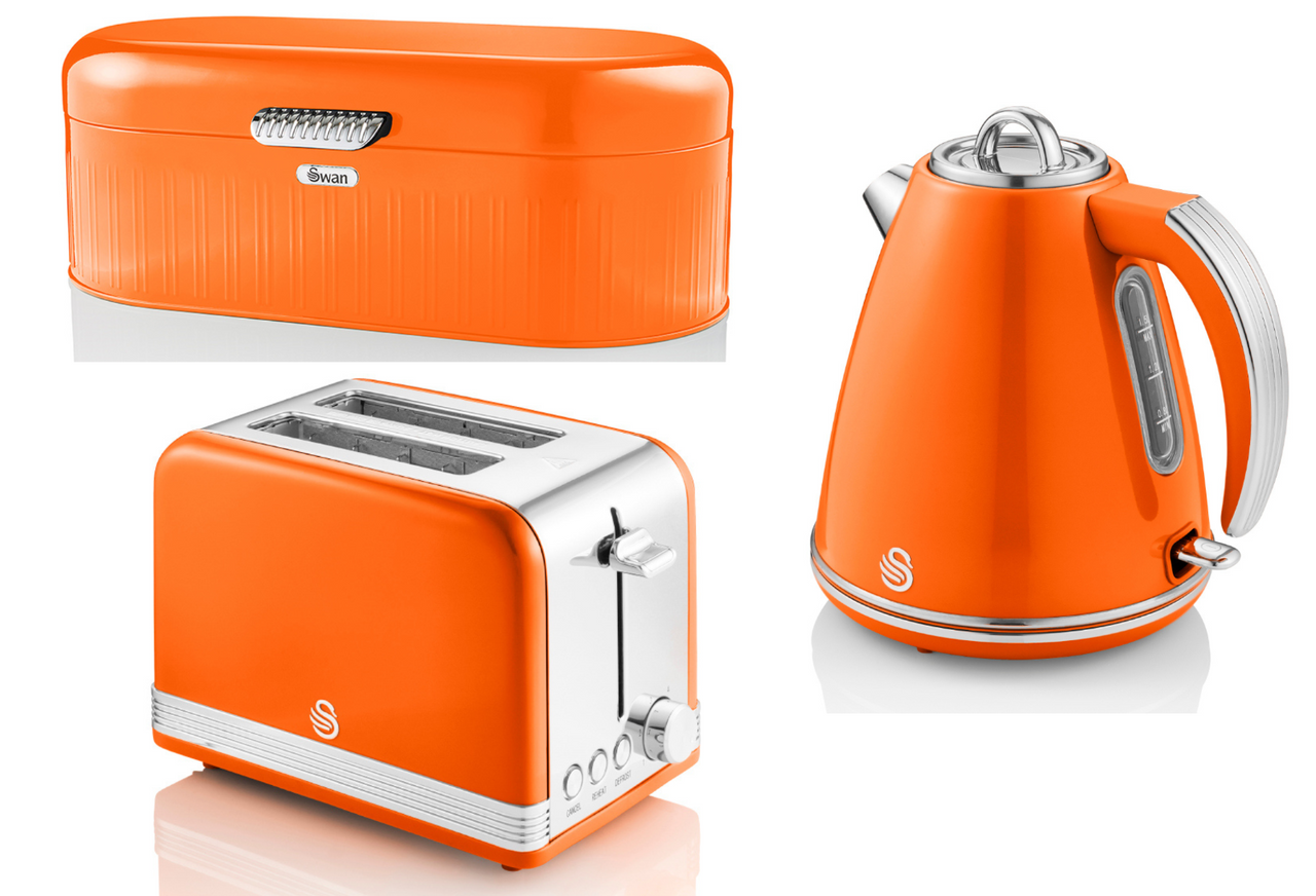 SWAN Retro Orange Jug Kettle 2 Slice Toaster & Bread Bin Vintage Kitchen Set
