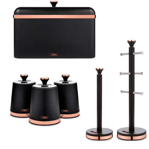 Tower Cavaletto Bread Bin, Canisters, Mug Tree & Towel Pole Kitchen Storage Set in Black & Rose Gold
