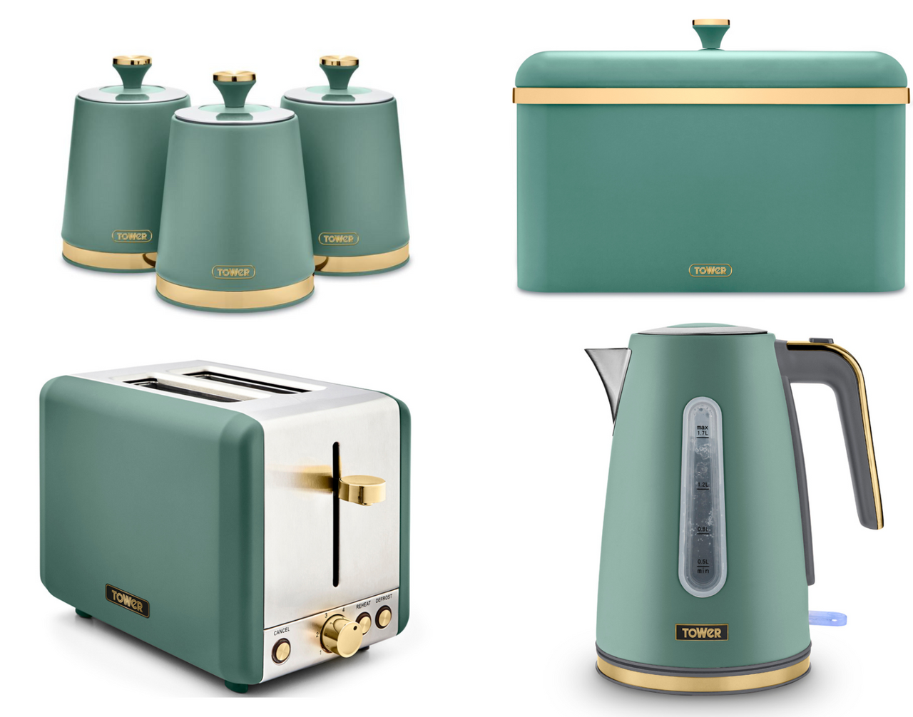 Tower Cavaletto Jade Jug Kettle, 2 Slice Toaster, Bread Bin & Canisters Matching Set of 6